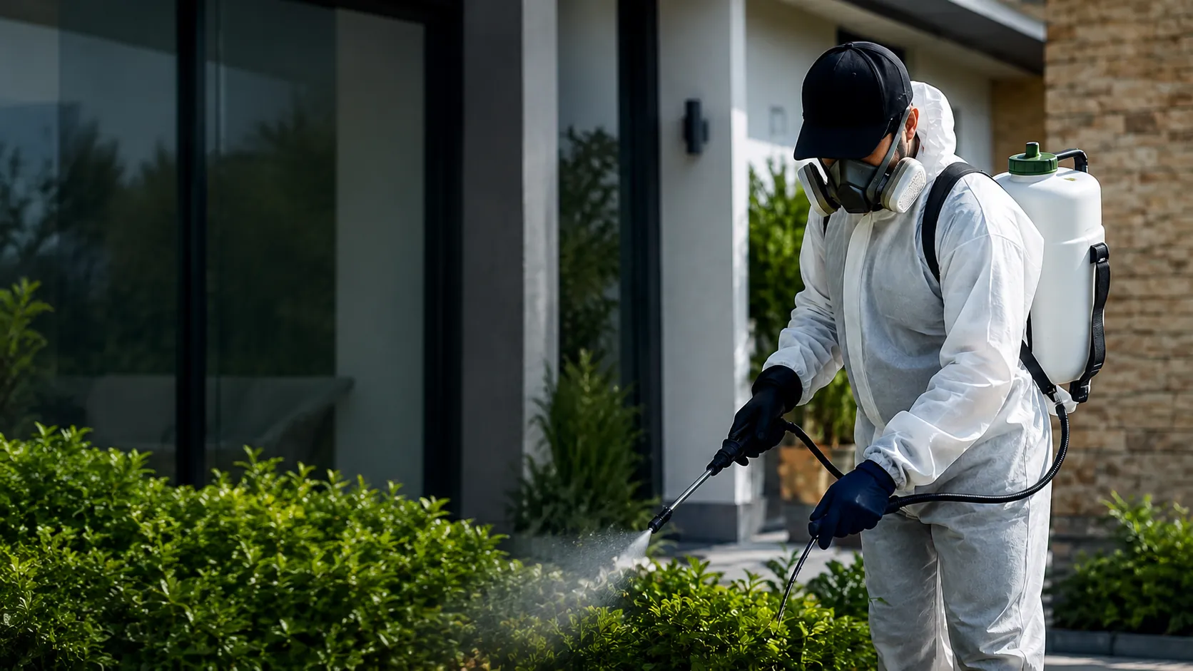 Profesional con traje de protección realizando un tratamiento en el jardín de una vivienda